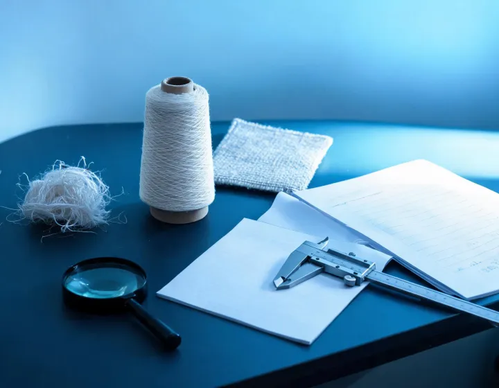 Technical review desk with fiber yarn and fabric records
